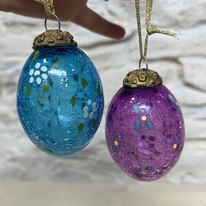 2 Kugel Style Floral Painted Crackle Glass Heavy Christmas Easter Egg Ornaments